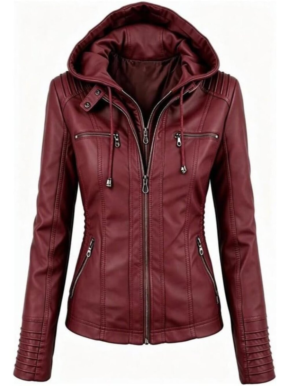 Women’s Jujube Red Hooded Faux Leather Motorcycle Jacket Zip Up Casual Biker Coa